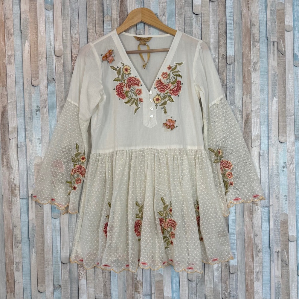 April Cornell S Gypsy Tunic Floral Embroidered Mesh Bell Sleeve Boho Top Dress